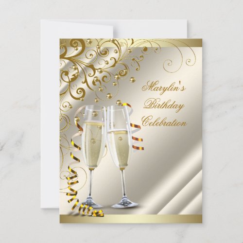 Womans Elegant Ivory Gold Birthday Invite