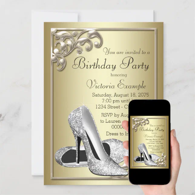 Womans Elegant Ivory Gold Shoe Birthday Party Invitation 