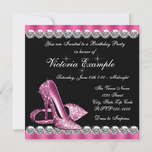 Womans Elegant Pink and Black Birthday Party Invitation | Zazzle