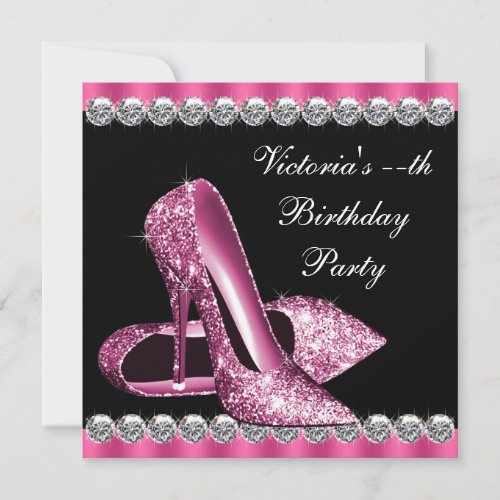 Womans Elegant Pink and Black Birthday Party Custom Invitations