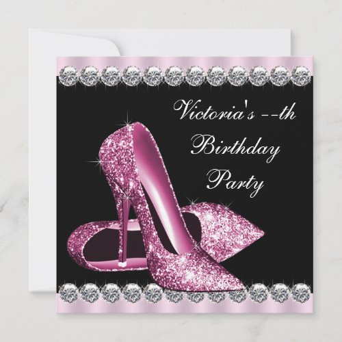Womans Elegant Pink and Black Birthday Party Personalized Invite