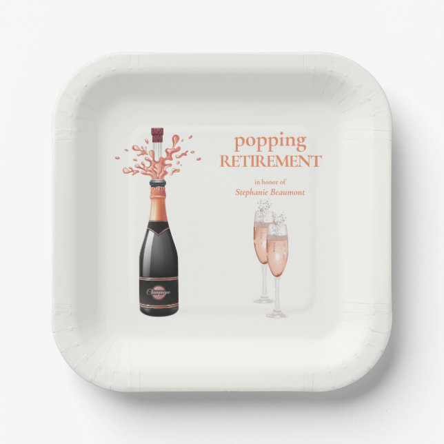 Woman's Elegant Popping Champagne Retirement Paper Plates (Front)