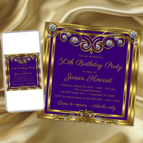 Womans Elegant Purple Gold Diamond Birthday Party Invitation