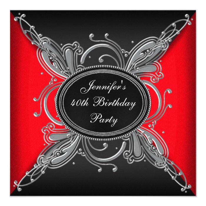 Womans Elegant Red and Black 40th Birthday Party Invite