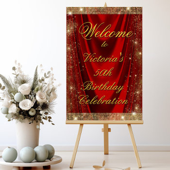 Womans Elegant Red Gold Birthday Party Welcome  Foam Board by Pure_Elegance at Zazzle
