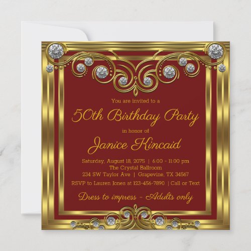 Womans Elegant Red Gold Diamond Birthday Party Invitation