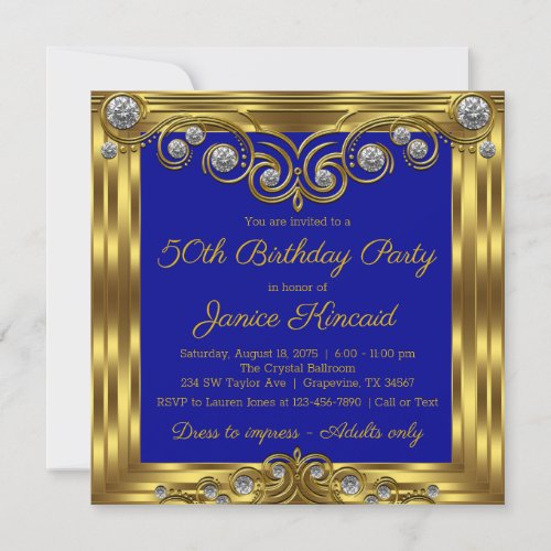 Womans Elegant Royal Blue Gold Birthday Party Invitation