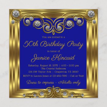 Womans Elegant Royal Blue Gold Birthday Party Invitation by Pure_Elegance at Zazzle
