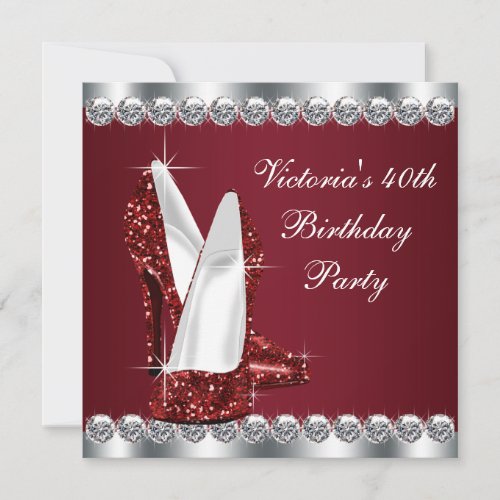 Womans Elegant Ruby Red 40th Birthday Party Personalized Invitation
