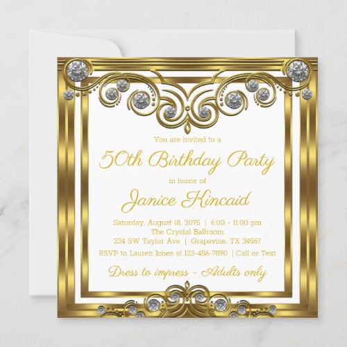 Womans Elegant White Gold Diamond Birthday Party Invitation