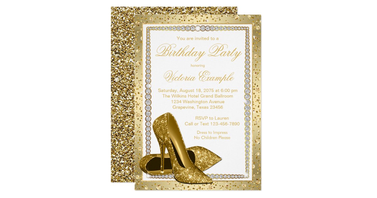 Womans Elegant White Gold High Heel Shoe Birthday Invitation