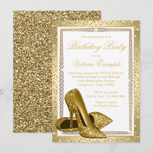 Womans Elegant White Gold High Heel Shoe Birthday Invitation (Front/Back)