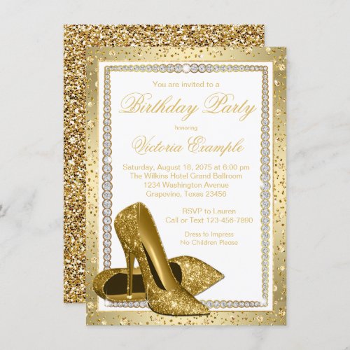 Womans Elegant White Gold High Heel Shoe Birthday Invitation