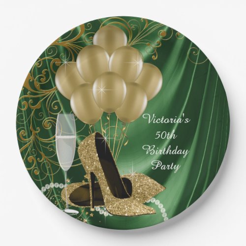 Womans Emerald Gold Birthday Party Paper Plates