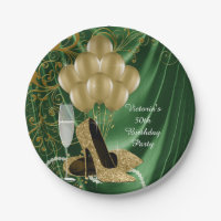 Womans Emerald Gold Birthday Party Paper Plates