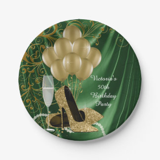 Womans Emerald Gold Birthday Party Paper Plates