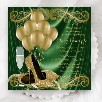 Womans Emerald Green And Gold Birthday Party Glam Invitation by Pure_Elegance at Zazzle