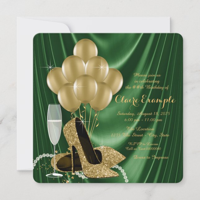 Womans Emerald Green and Gold Birthday Party Invitation (Front)