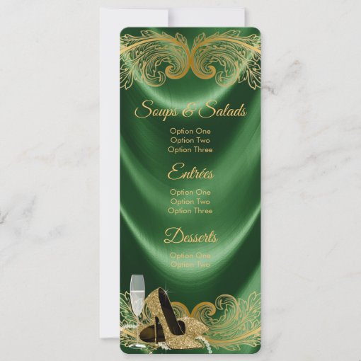 Womans Emerald Green and Gold Birthday Party Menu Invitation Zazzle