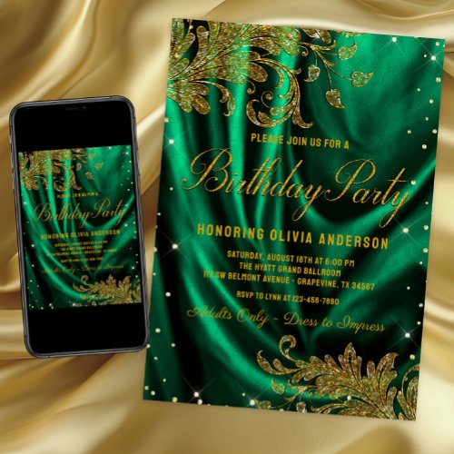 Womans Emerald Green Gold Birthday Party Invitation