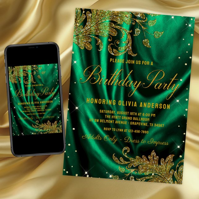 Womans Emerald Green Gold Birthday Party Invitation (Womans emerald green and gold birthday party invitation for any number birthday. Digital and print.)