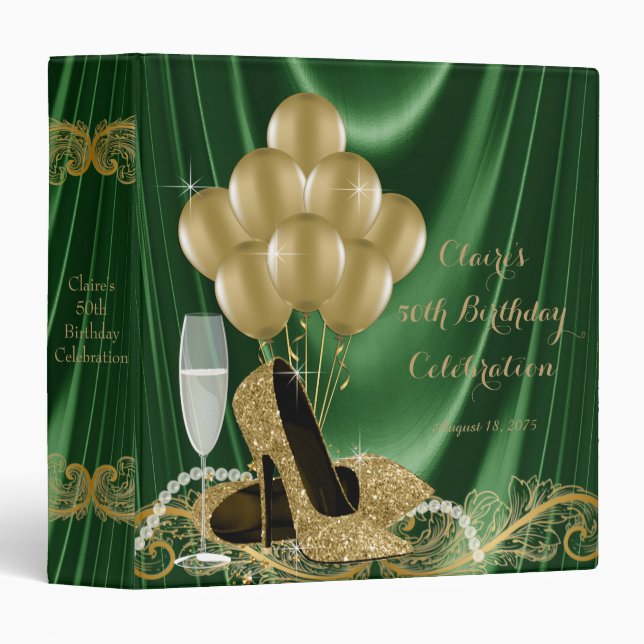 Womans Emerald Green Gold Birthday Party Photo  3 Ring Binder (Front/Spine)