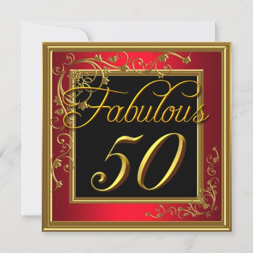 Womans Fabulous 50th Birthday Party Red Gold Invitation