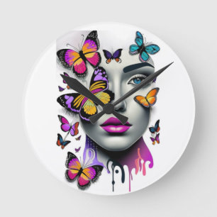 Womans face and butterflies, fantasy round clock