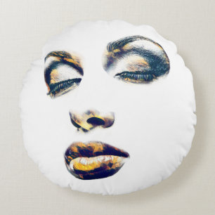 Womans Face Gold Makeup beauty Abstract pop art Round Pillow