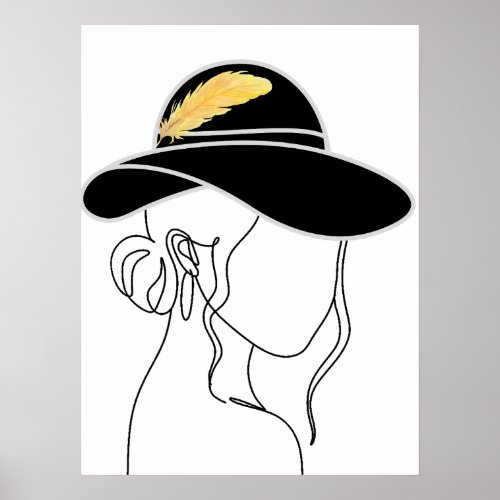Womans Face Line Art and Feathered Hat Poster