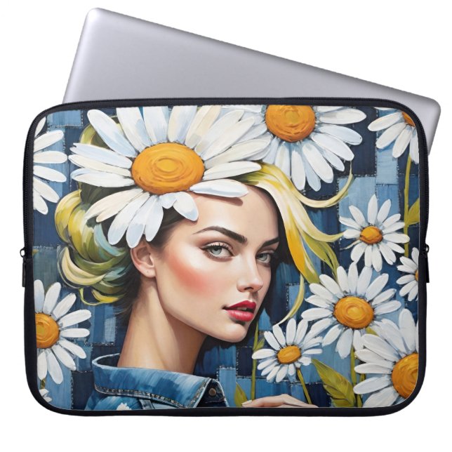 Woman's Face with Daisies and Denim Patchwork Laptop Sleeve (Front)