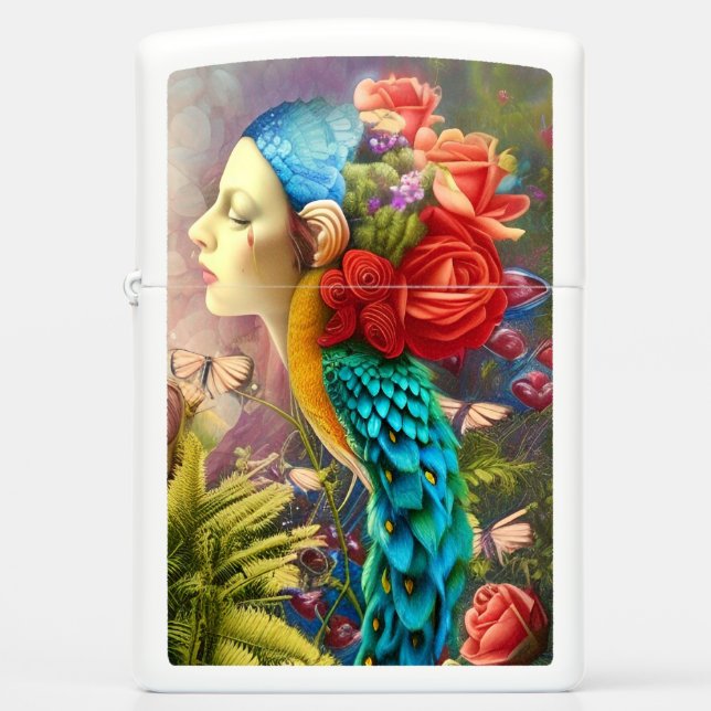 Womans face with floral n peacock feathers  zippo lighter (Front)