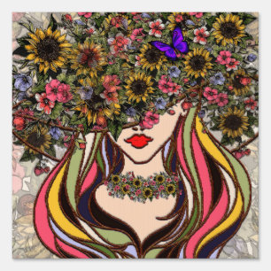 Woman's face, with flowers and butterflies,art med sign