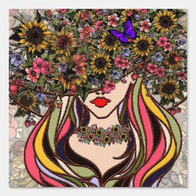 Woman's face, with flowers and butterflies,art med sign (Front)