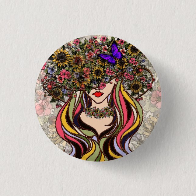Woman's face, with flowers and butterflies throw p button (Front)