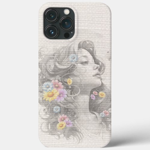 Womans Face With Flowers Burlap Effect iPhone 13 Pro Max Case