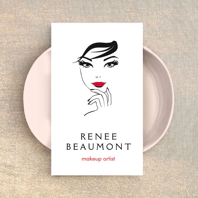 Woman's Face with Red Lips Elegant White Business Card (Creator Uploaded)