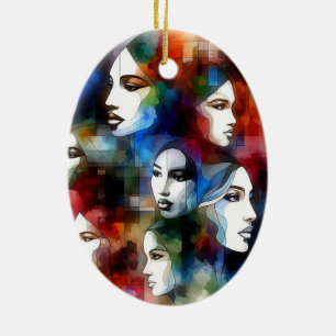 womans faces abstract watercolors pop art  ceramic ornament