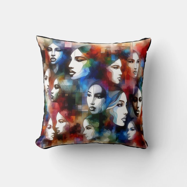 womans faces abstract watercolors pop art  throw pillow (Front)