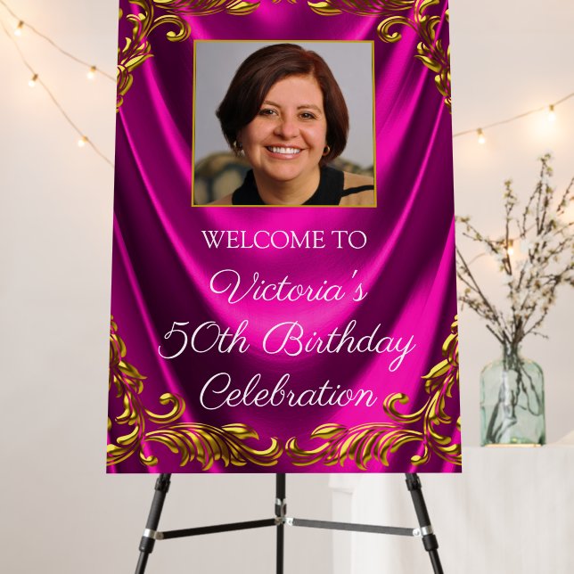 Womans Fuchsia Gold Photo Birthday Welcome Sign (In Situ (Stand))