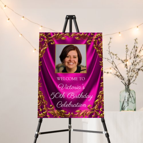 Womans Fuchsia Gold Photo Birthday Welcome Sign