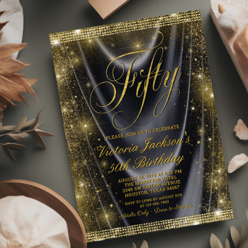 Womans Glam Black Gold 50th Birthday Invitation by Pure_Elegance at Zazzle