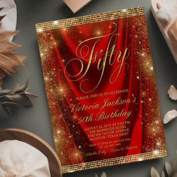 Womans Glam Red Gold 50th Birthday Invitation by Pure_Elegance at Zazzle