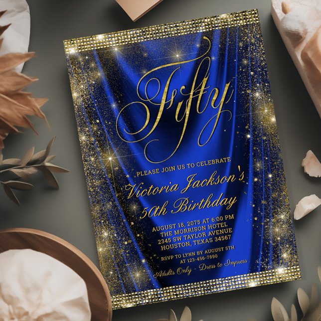 Womans Glam Royal Blue Gold 50th Birthday Invitation (Need a different number? Simply send us a message.)
