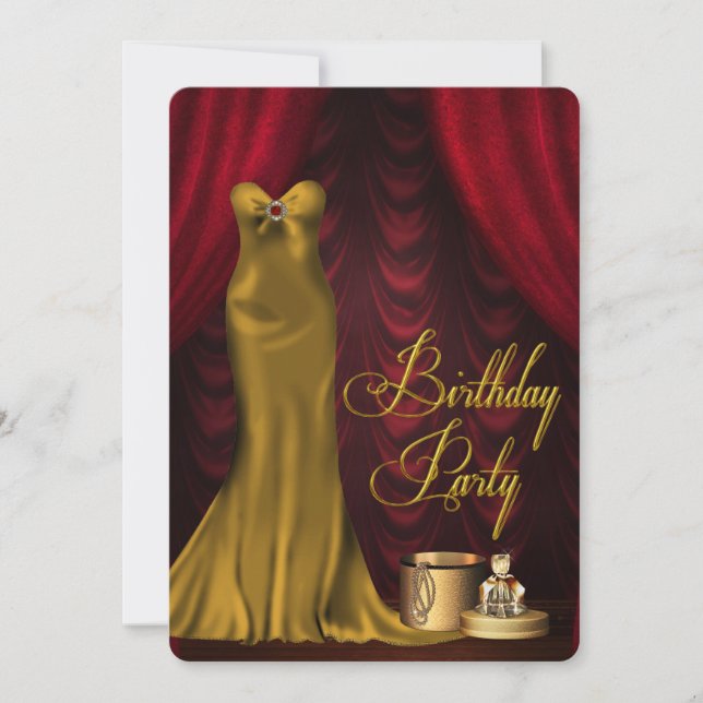 Womans Glamorous Ruby Red Gold Birthday Party Invitation (Front)