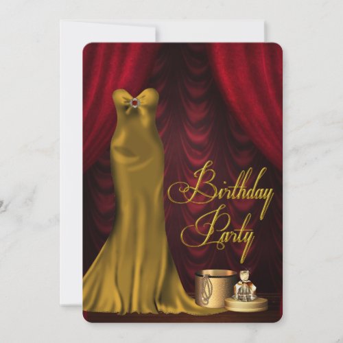 Womans Glamorous Ruby Red Gold Birthday Party Invitation
