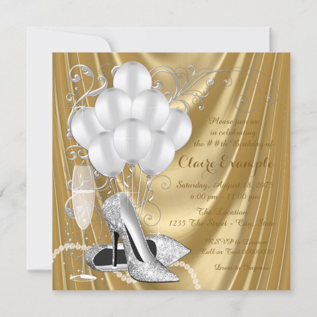 Womans Gold and Silver Birthday Party Luxe Invitation (Front)