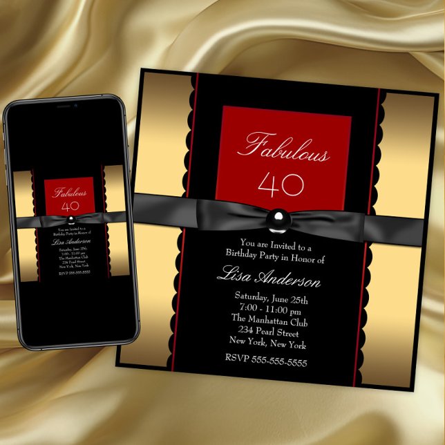 Womans Gold Black and Red Birthday Party Invitation (Elegant any birthday or occasion invitation. Instant download and printed invitations available.)