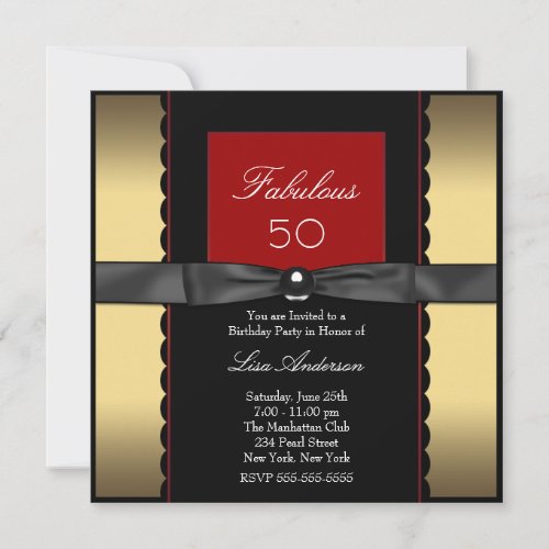 Womans Gold Black Red 50th Birthday Party Invitation