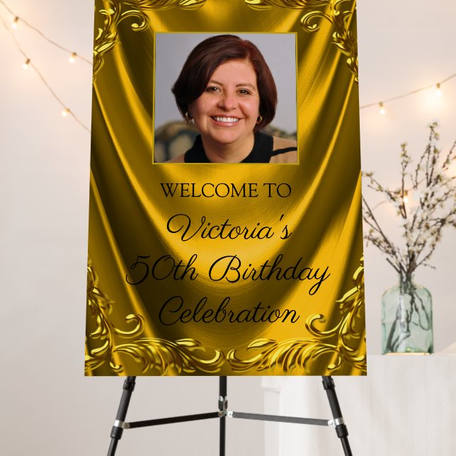 Womans Gold Photo Birthday Welcome Sign (In Situ (Stand))